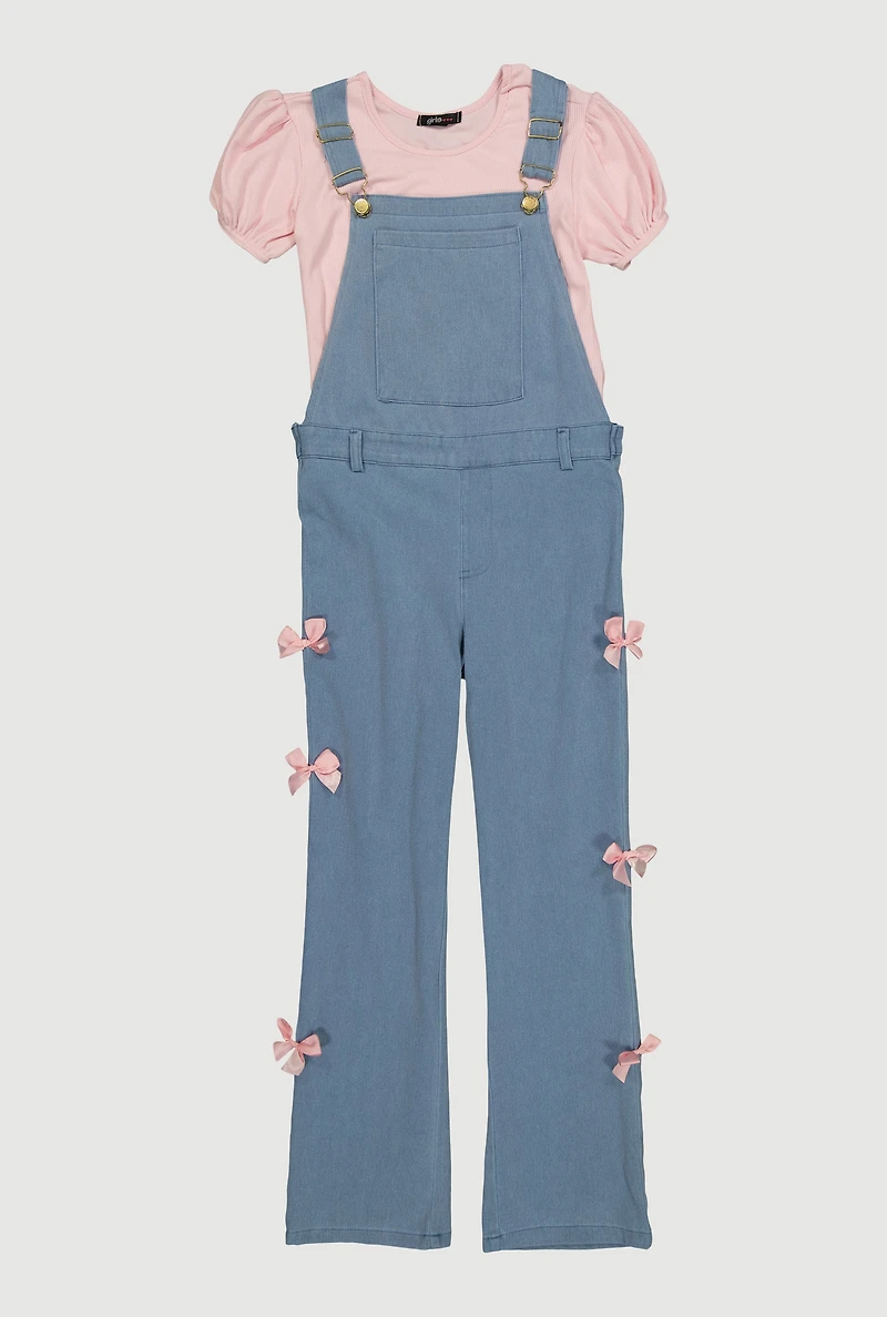 Girls Bow Detail Denim Overalls with Short Sleeve Top