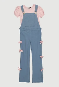 Girls Bow Detail Denim Overalls with Short Sleeve Top