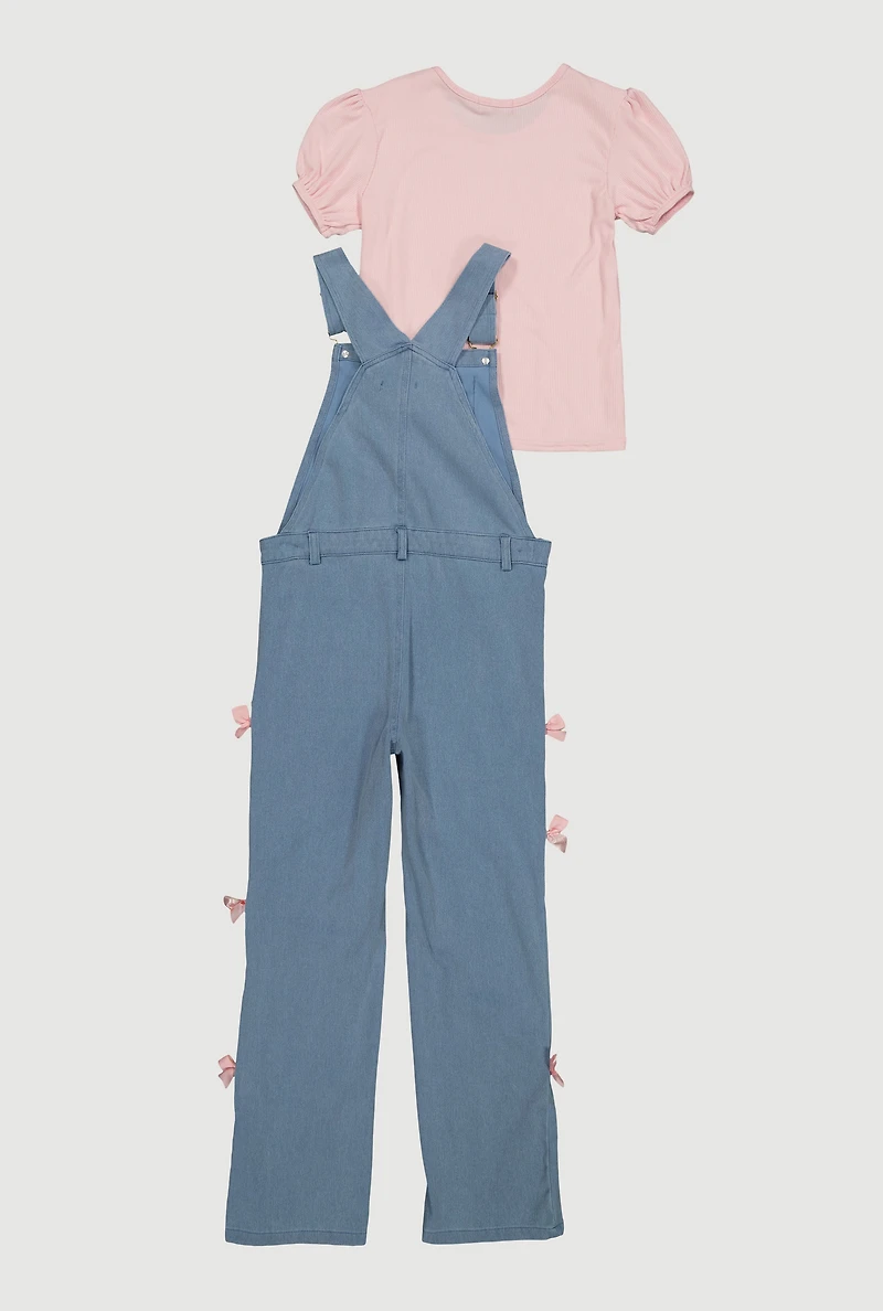 Girls Bow Detail Denim Overalls with Short Sleeve Top, Blue,
