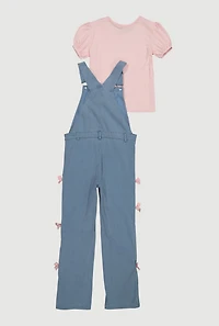 Girls Bow Detail Denim Overalls with Short Sleeve Top, Blue,