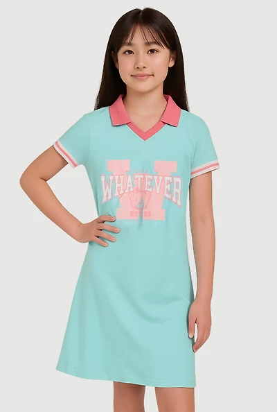 Girls Whatever I Do Graphic Polo Dress, Blue, Size 7-8
