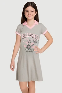 Girls Varsity Stripe Blessed Graphic Dress, Grey, Size 10-12