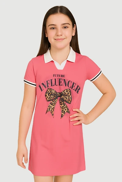 Girls Future Influencer Graphic Polo Dress, Pink, Size 7-8