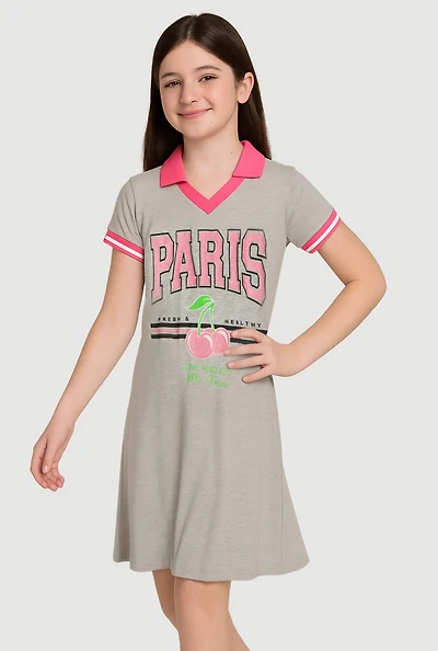 Girls Varsity Stripe Paris Cherry Graphic Dress, Grey, Size 10-12