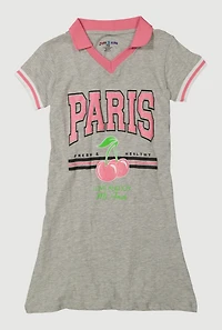 Girls Varsity Stripe Paris Cherry Graphic Dress, Grey, Size 10-12