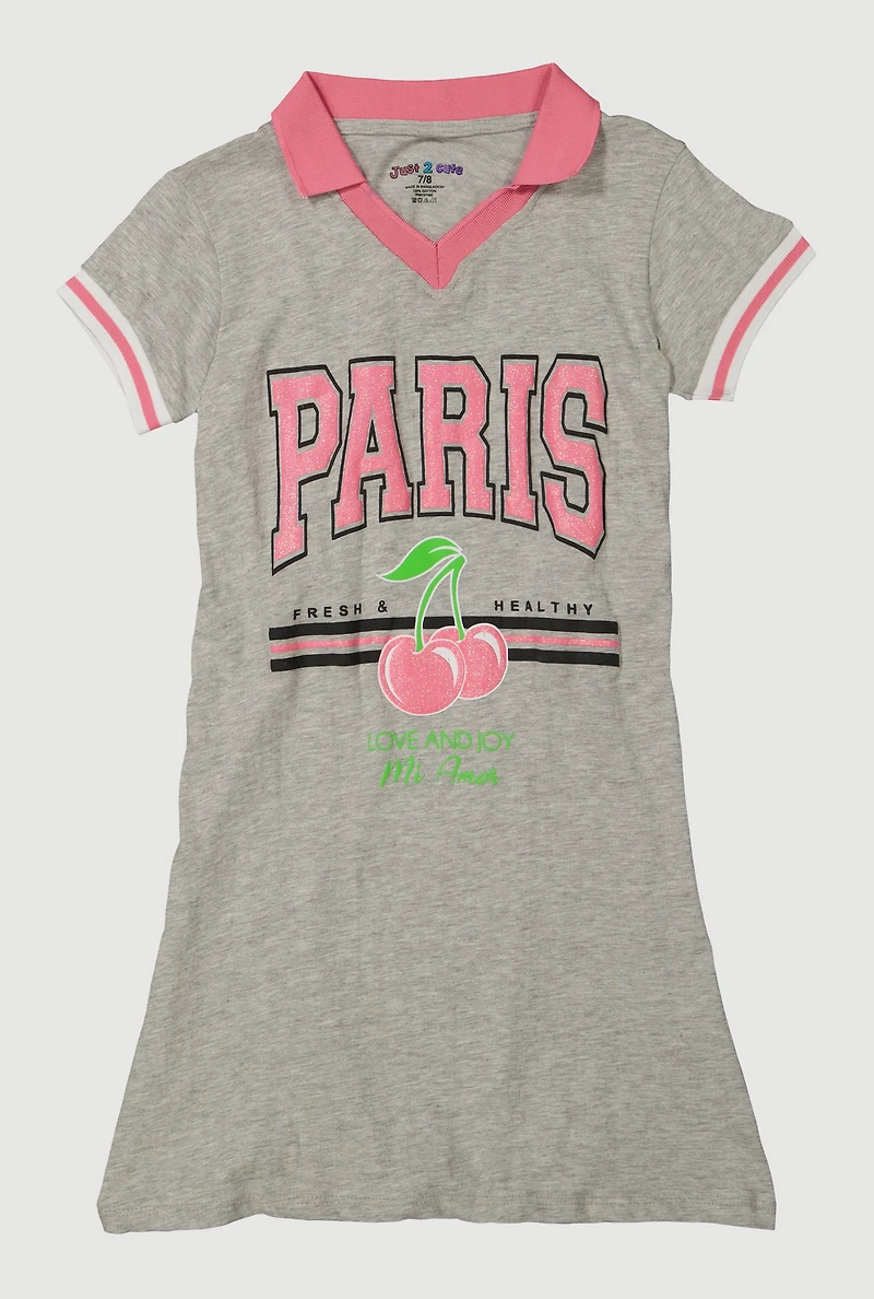 Girls Varsity Stripe Paris Cherry Graphic Dress, Grey,