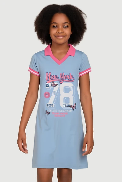Girls Varsity Stripe New York Butterfly Graphic Dress, Blue, Size 10-12
