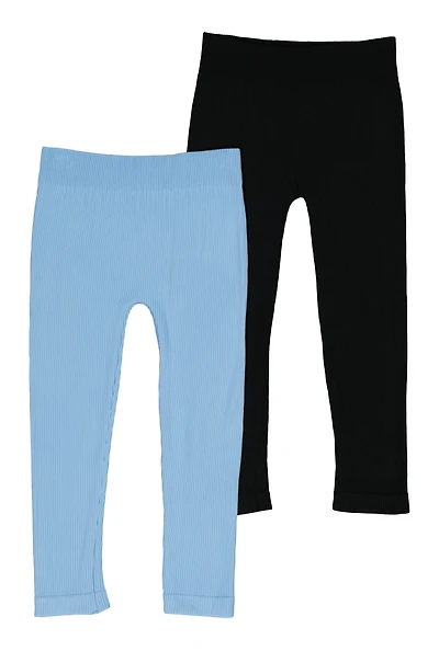 Little Girls Seamless Ribbed Knit Leggings 2 Pack, Blue, Size 6X