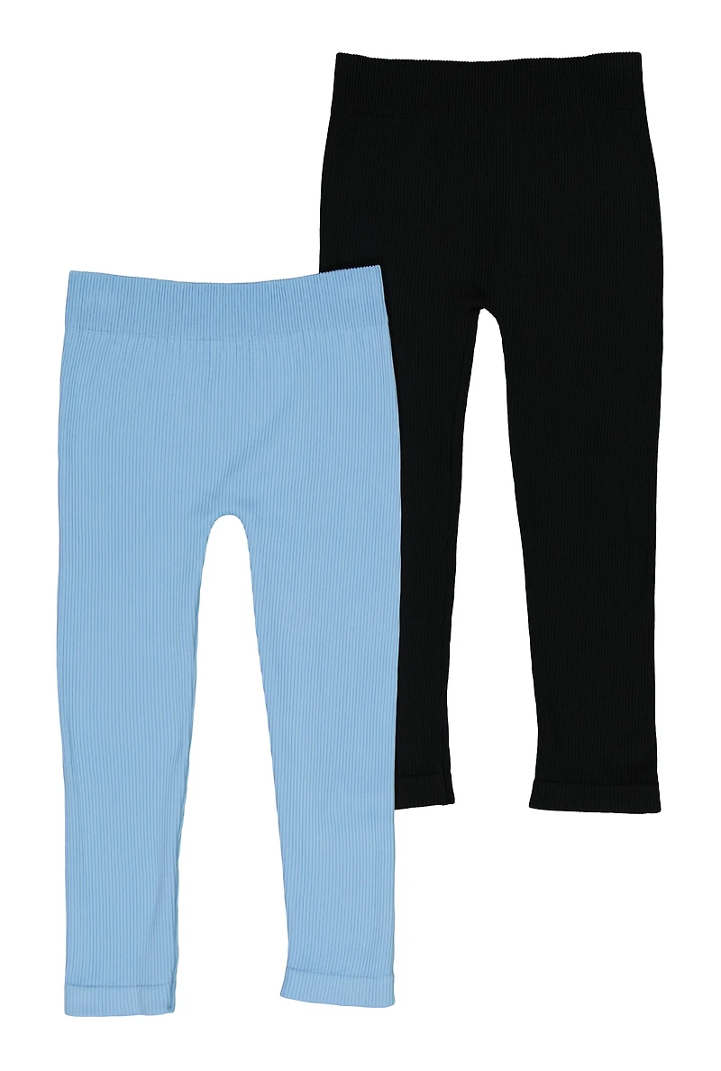 Little Girls Seamless Ribbed Knit Leggings 2 Pack, Blue, Size 6X