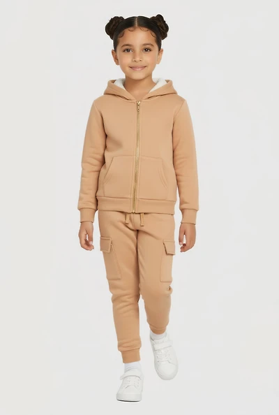 Little Girls Sherpa Lined Zip Front Sweatshirt and Cargo Joggers