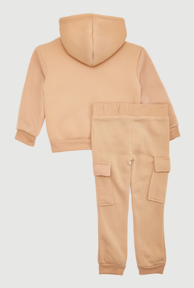 Little Girls Sherpa Lined Zip Front Sweatshirt and Cargo Joggers