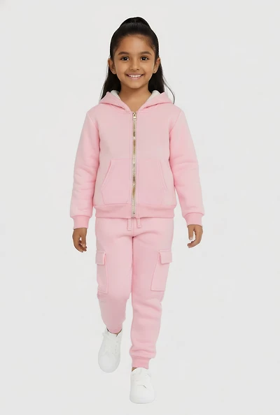Little Girls Sherpa Lined Zip Front Sweatshirt and Cargo Joggers, Pink,