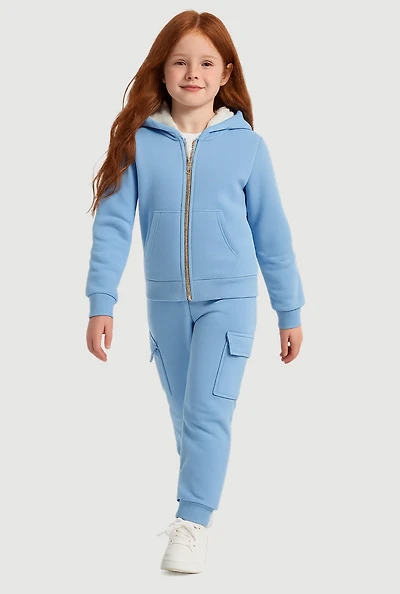 Little Girls Sherpa Lined Hoodie and Cargo Joggers Set, Blue, Size 4