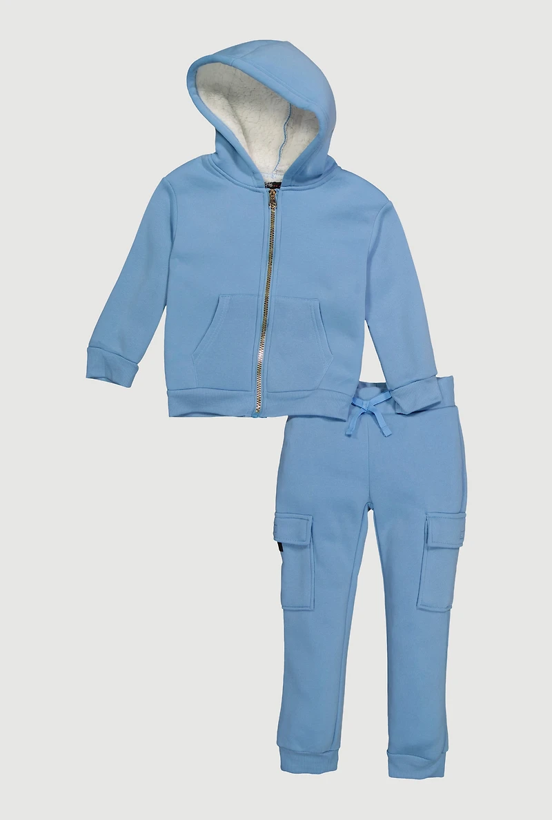 Little Girls Sherpa Lined Hoodie and Cargo Joggers Set, Blue, Size 4