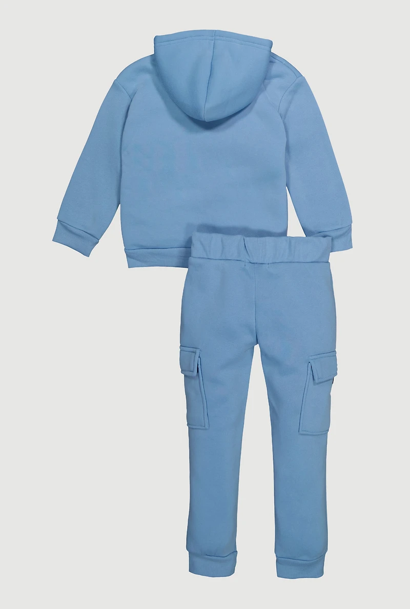 Little Girls Sherpa Lined Hoodie and Cargo Joggers Set, Blue, Size 4