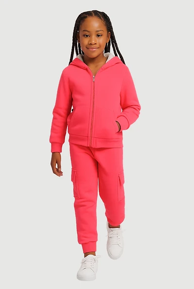Little Girls Sherpa Lined Hoodie and Cargo Joggers Set, Pink, Size 6X