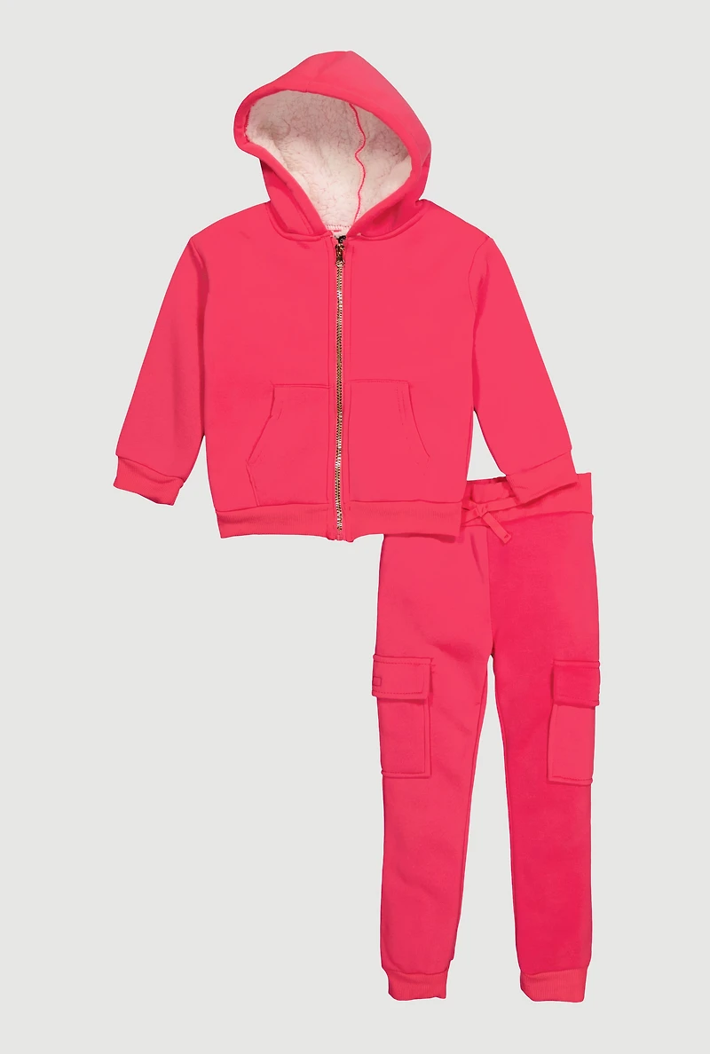 Little Girls Sherpa Lined Hoodie and Cargo Joggers Set, Pink, Size 4