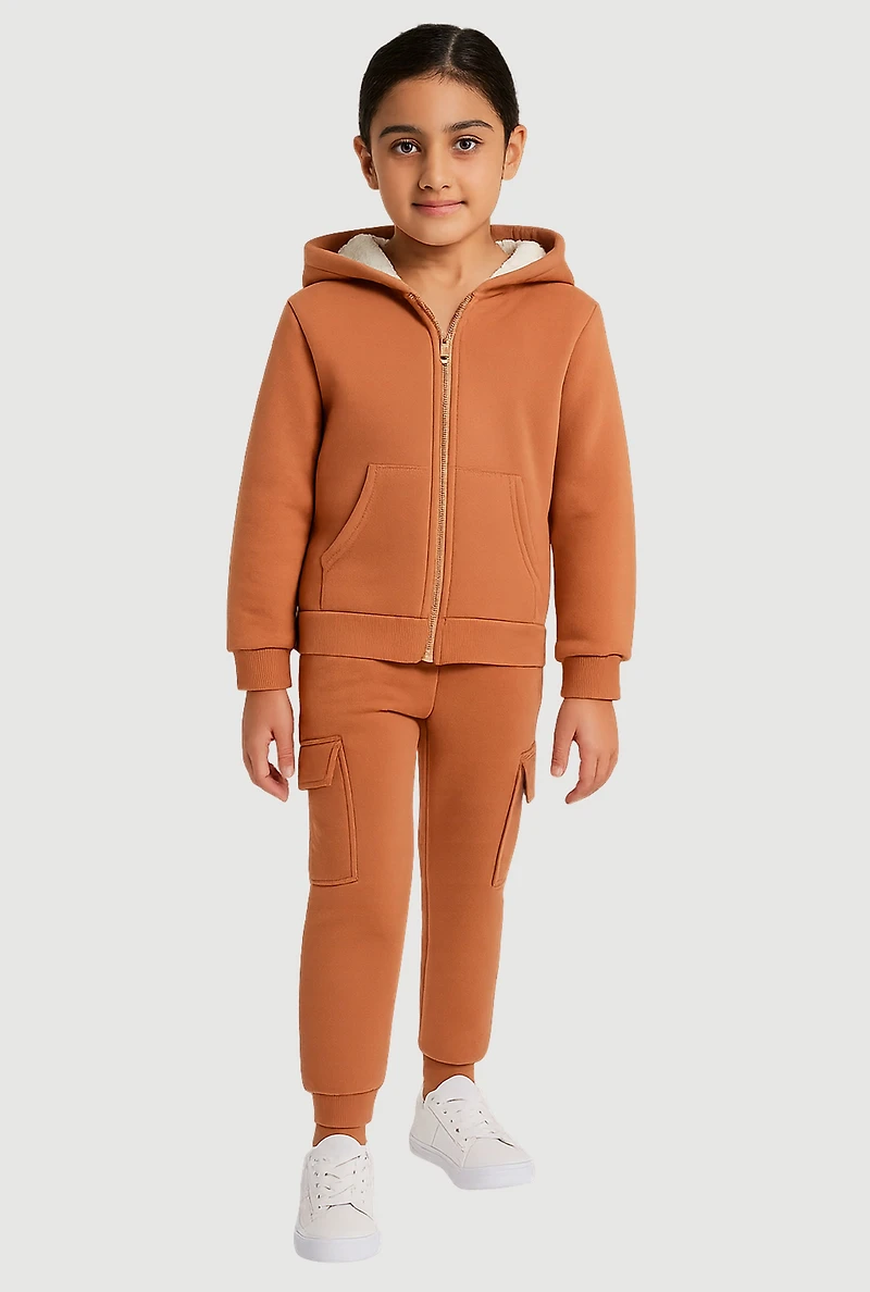 Little Girls Sherpa Lined Hoodie and Cargo Joggers Set, 6X