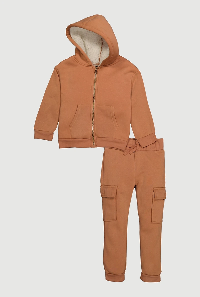 Little Girls Sherpa Lined Hoodie and Cargo Joggers Set, 6X