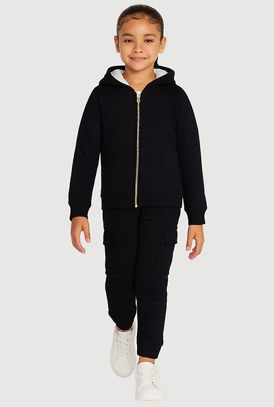 Little Girls Sherpa Lined Zip Front Hoodie and Cargo Joggers,
