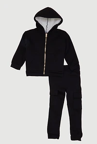 Little Girls Sherpa Lined Zip Front Hoodie and Cargo Joggers,