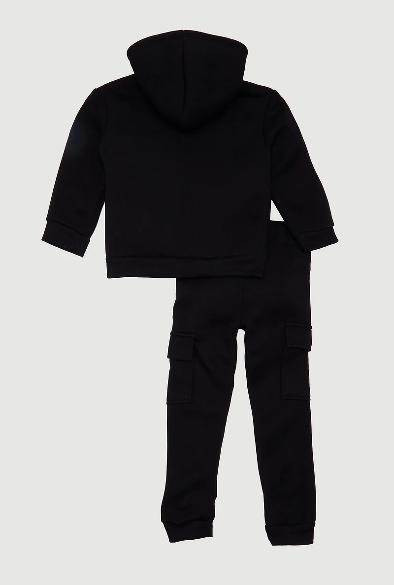 Little Girls Sherpa Lined Zip Front Hoodie and Cargo Joggers,