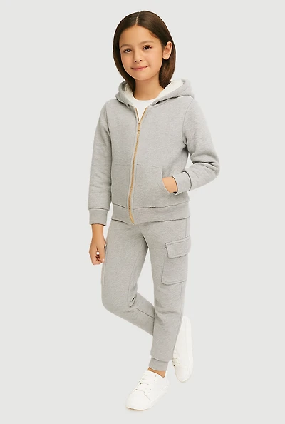 Little Girls Sherpa Lined Zip Front Hoodie and Cargo Joggers, Grey, Size 5-6