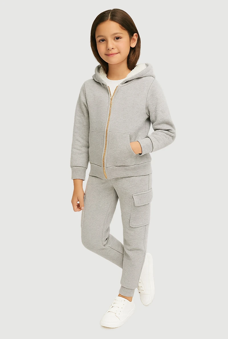Little Girls Sherpa Lined Zip Front Hoodie and Cargo Joggers, Grey,