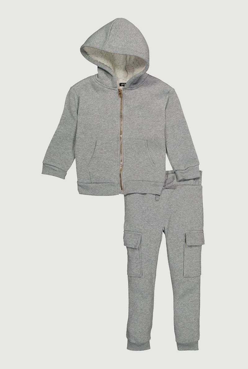 Little Girls Sherpa Lined Zip Front Hoodie and Cargo Joggers, Grey, Size 5-6
