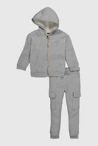 Little Girls Sherpa Lined Zip Front Hoodie and Cargo Joggers, Grey, Size 5-6