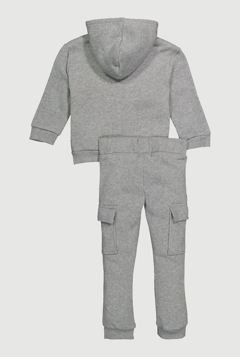 Little Girls Sherpa Lined Zip Front Hoodie and Cargo Joggers, Grey, Size 5-6