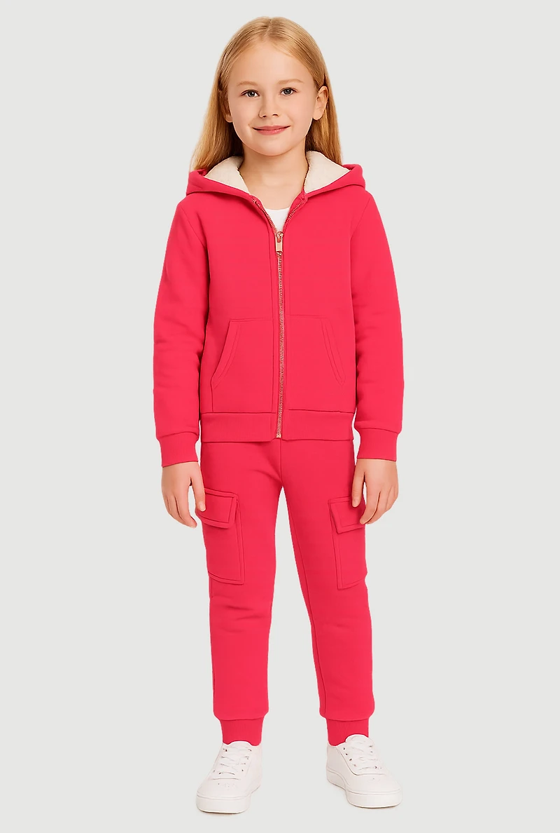 Little Girls Sherpa Lined Zip Front Hoodie and Cargo Joggers, Pink, Size 5-6