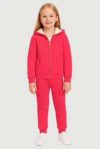 Little Girls Sherpa Lined Zip Front Hoodie and Cargo Joggers