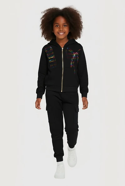 Little Girls Cute Foil Screen Patch Graphic Sweatshirt and Cargo Joggers