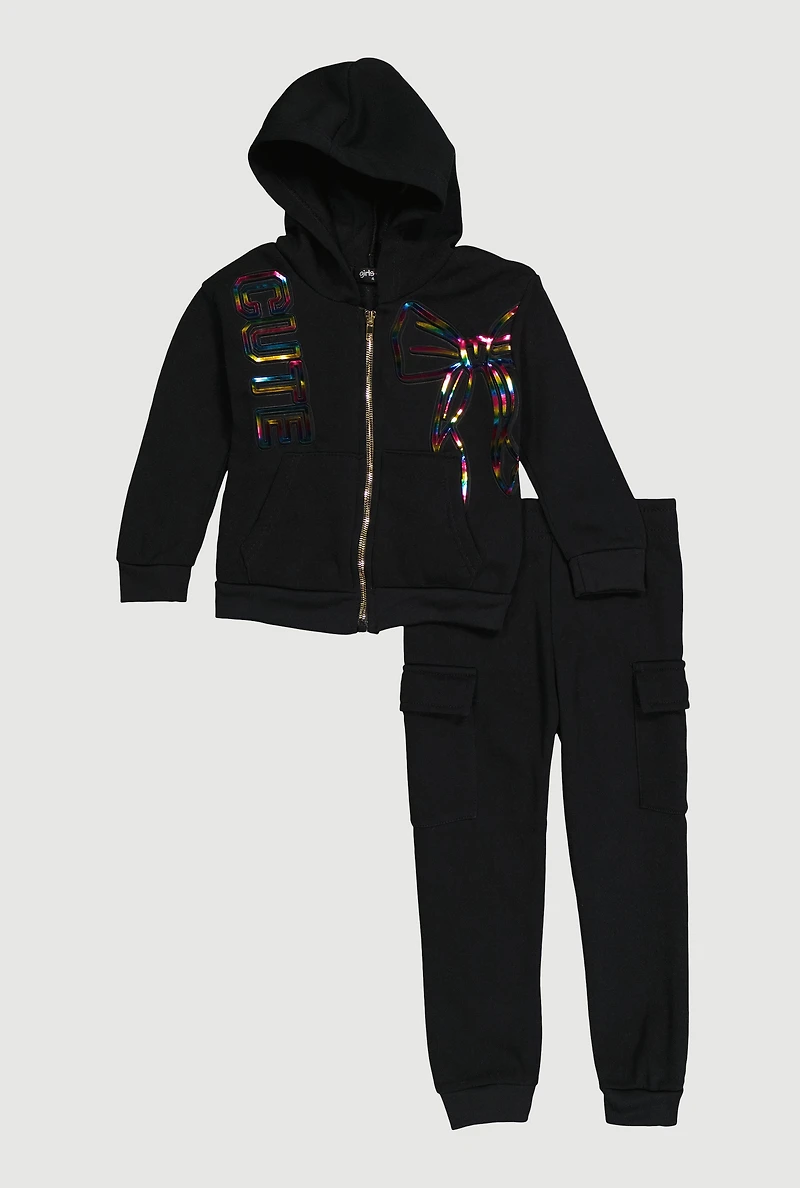 Little Girls Cute Foil Screen Patch Graphic Sweatshirt and Cargo Joggers