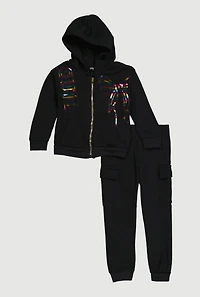 Little Girls Cute Foil Screen Patch Graphic Sweatshirt and Cargo Joggers