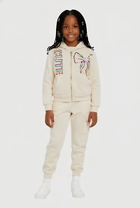 Little Girls Cute Foil Screen Patch Graphic Sweatshirt and Cargo Joggers