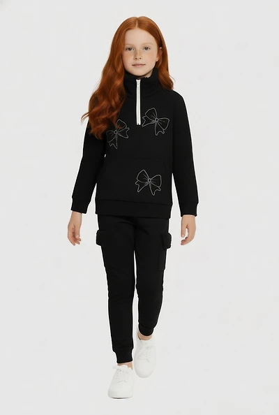 Little Girls Bow Chenille Quarter Zip Sweatshirt and Joggers