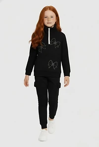 Little Girls Bow Chenille Quarter Zip Sweatshirt and Joggers