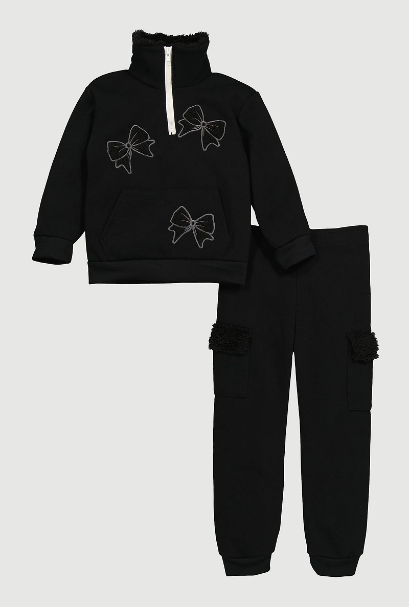Little Girls Bow Chenille Quarter Zip Sweatshirt and Joggers