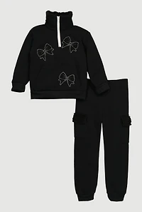 Little Girls Bow Chenille Quarter Zip Sweatshirt and Joggers