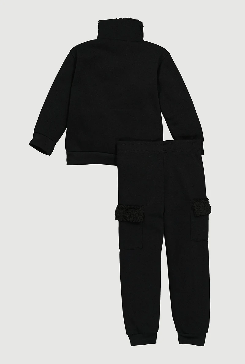 Little Girls Bow Chenille Quarter Zip Sweatshirt and Joggers