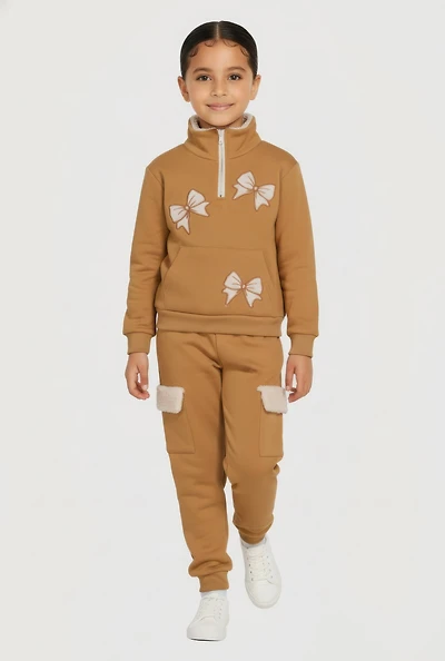 Little Girls Bow Chenille Quarter Zip Sweatshirt and Joggers, Beige, Size 6X