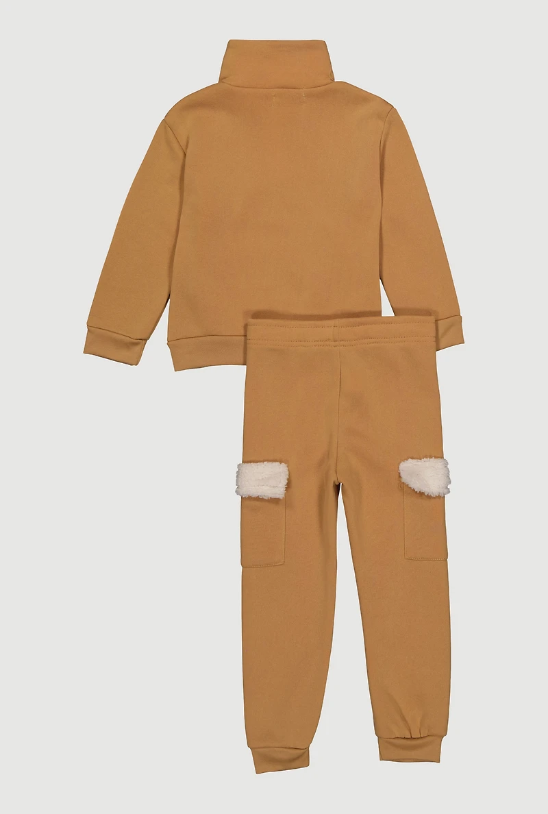 Little Girls Bow Chenille Quarter Zip Sweatshirt and Joggers, Beige, Size 6X