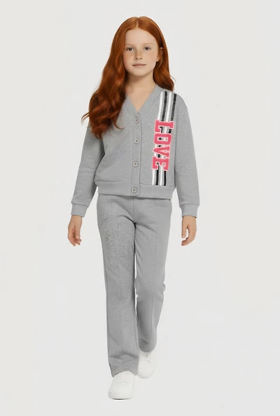 Little Girls Love Fleece Cardigan and Sweatpants Set, Grey, Size 5-6