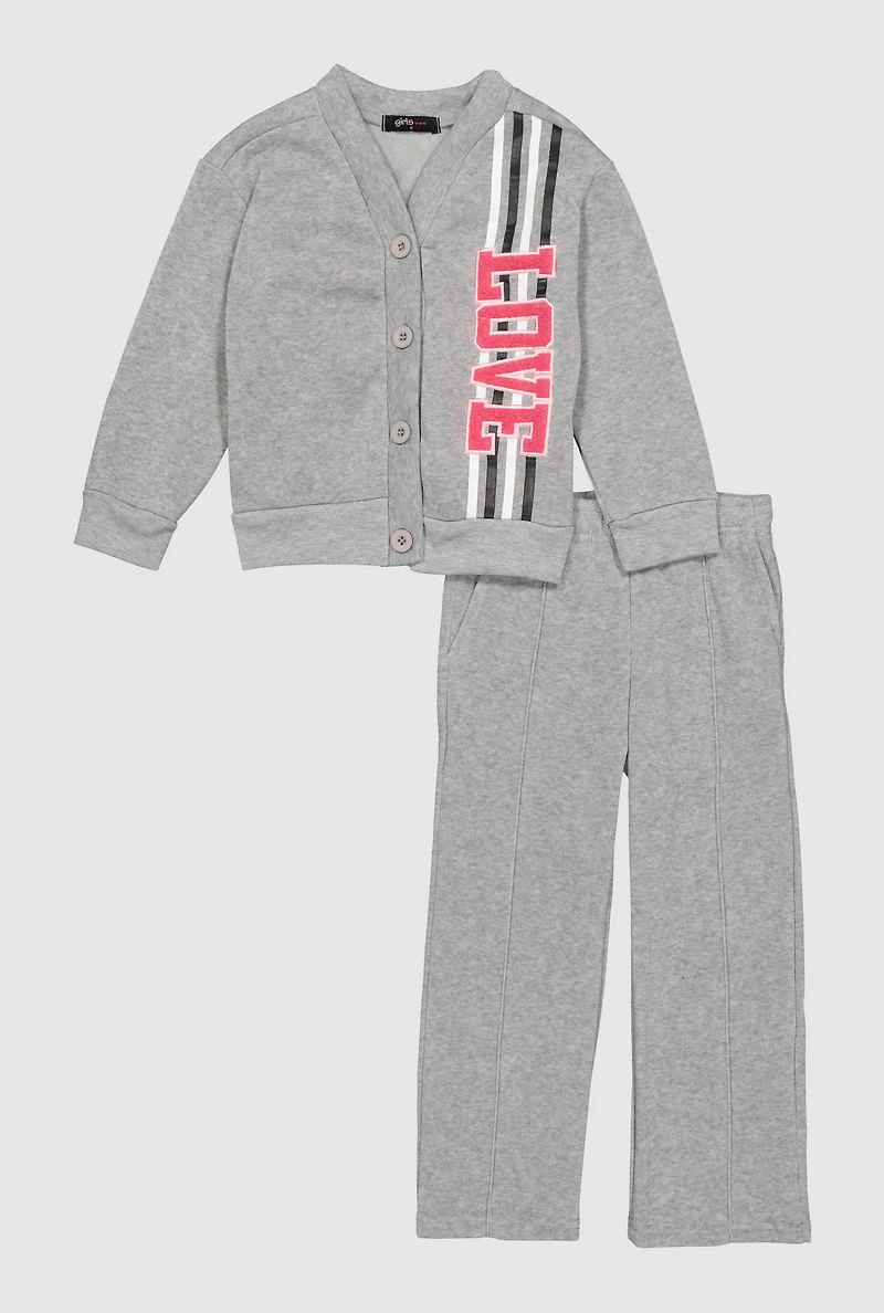 Little Girls Love Fleece Cardigan and Sweatpants Set, Grey, Size 5-6