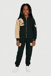Little Girls Chenille Bear Patch Graphic Sweatshirt and Sweatpants