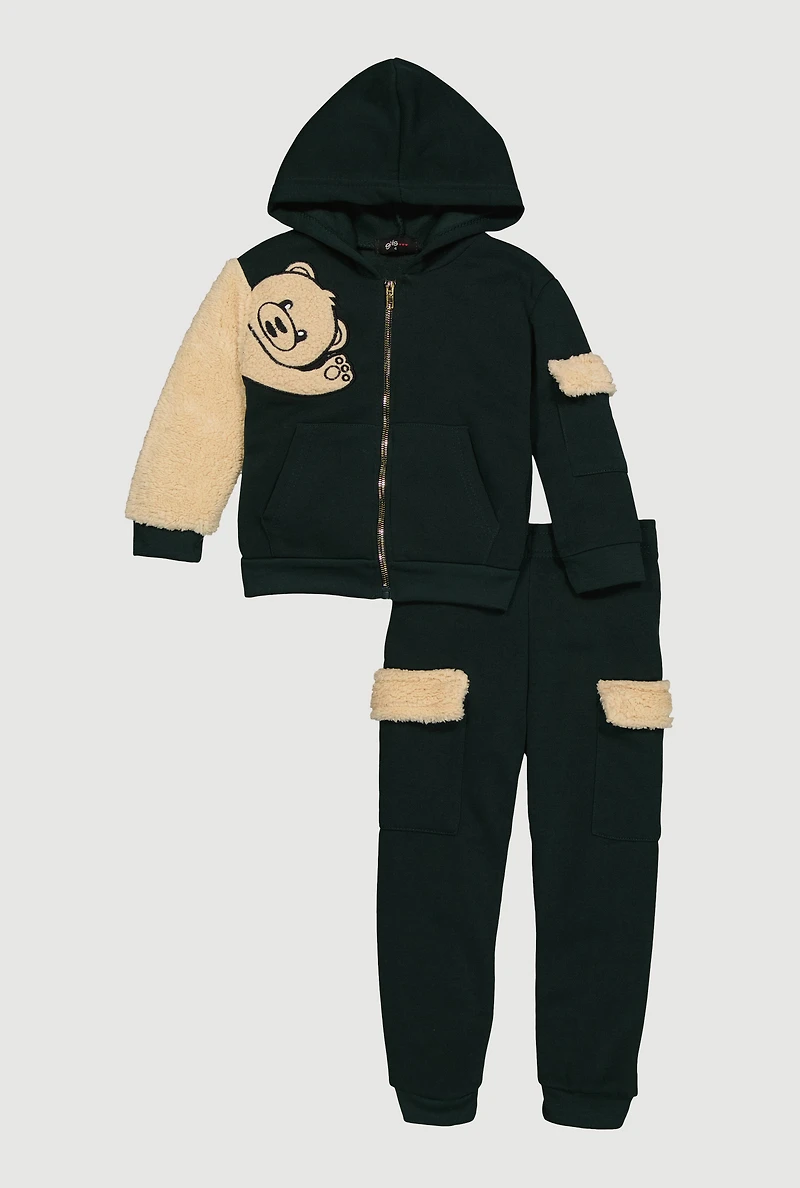 Little Girls Chenille Bear Patch Graphic Sweatshirt and Sweatpants