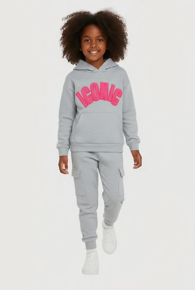 Little Girls Chenille Iconic Patch Graphic Sweatshirt and Cargo Joggers, Grey, Size 4