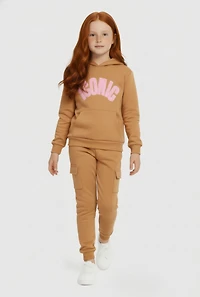Little Girls Chenille Iconic Patch Graphic Sweatshirt and Cargo Joggers